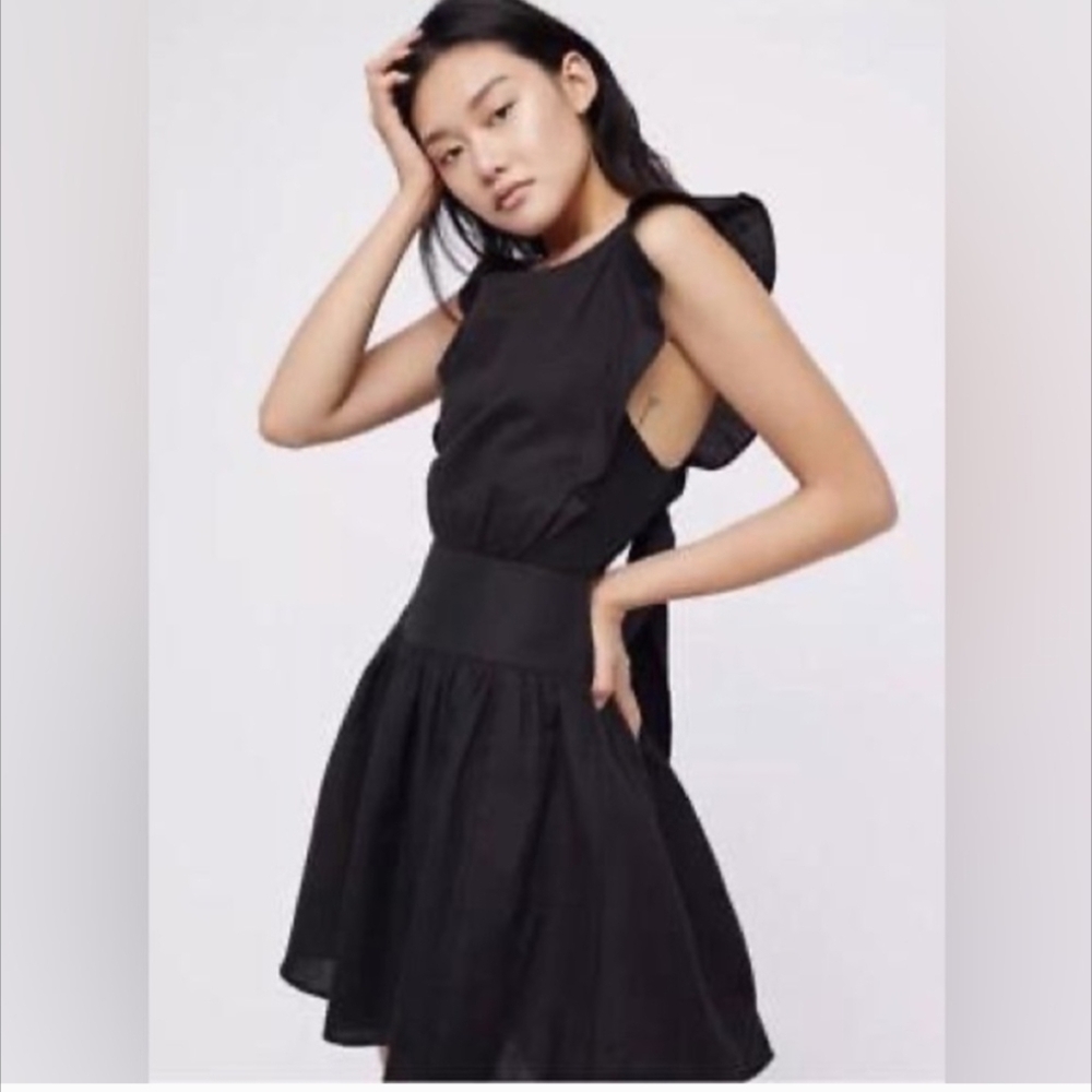 Free People • Erin Mini Ruffle Dress  Cotton/Linen in Black Size Small